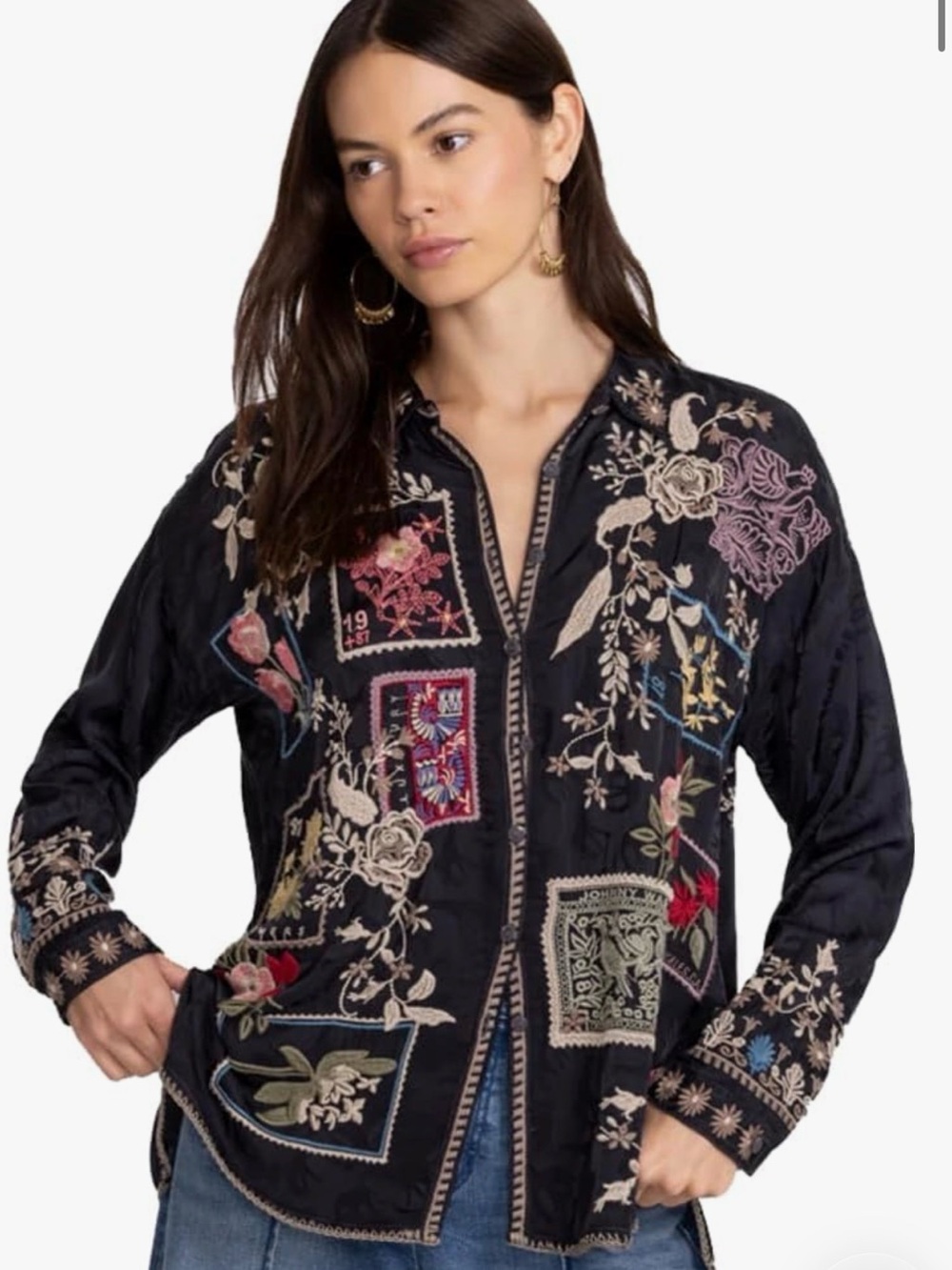 Johnny Was Black Embroidered Shirt with Multicolor Accents